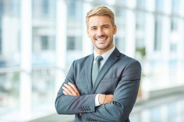 A confident man in a business suit stands in a modern office setting, smiling with arms crossed. The bright, blurred background highlights professionalism and success. Ideal for corporate themes.
