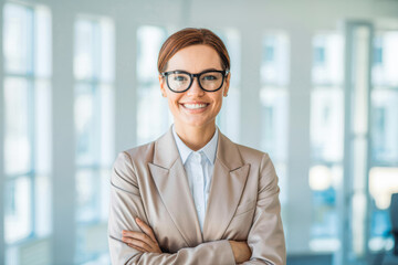 Professional woman smiling confidently, wearing glasses and a beige suit, with arms crossed in a modern, bright office setting, enhancing a sense of leadership and success.