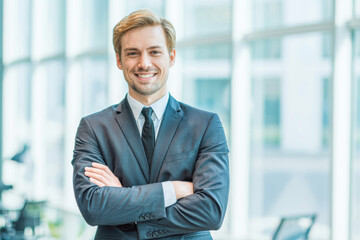 A confident professional stands with arms crossed, wearing a dark suit and tie. The bright, modern office background enhances his approachable demeanor, reflecting a successful business environment.