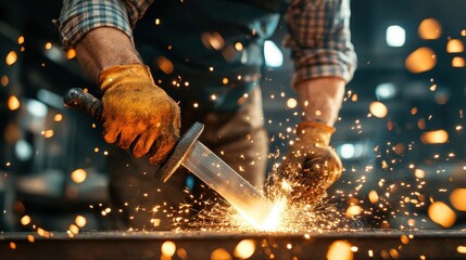 A skilled craftsman meticulously shapes a sword in a workshop, with sparks flying, showcasing the artistry and dedication involved in metalworking and tool creation.