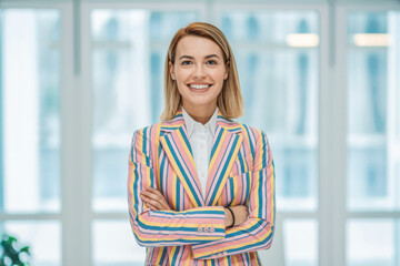 Smiling woman in a colorful striped blazer stands confidently with arms crossed in a bright office setting. The vibrant outfit adds a lively touch, enhancing her professional and cheerful demeanor.