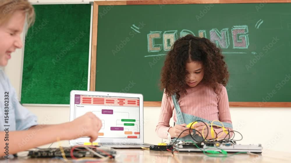 Poster diverse student working electronic board while laptop screen display coding engineering prompt and p