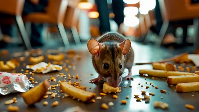 Mouse eating scattered food on a dirty cafeteria floor with people walking in background