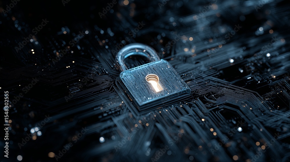 Aufkleber cybersecurity digital lock glowing circuit board technology abstract network protection data securit