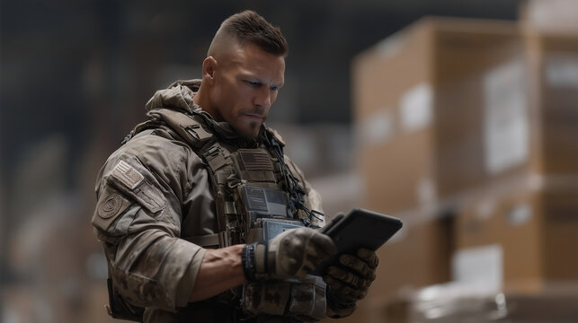 Officer checks weapon crates in warehouse, glowing tablet and barcode reader in use - Powered by Adobe