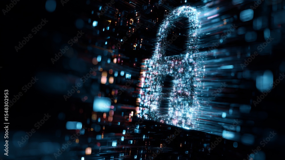 Aufkleber abstract digital padlock data security concept futuristic technology network design blue light parti