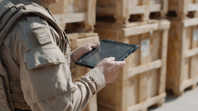 Digital inventory check: crates marked, officer scans with tablet in orderly arms depot