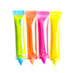Highlighter pens shaped like soft juice pouches with bright translucent tips isolated