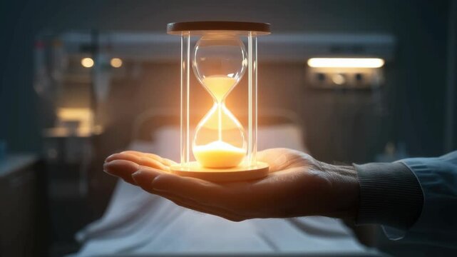 Glowing Hourglass Held by Doctor Over Bed Symbolizing Critical Healthcare Time