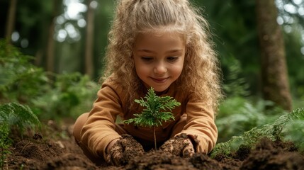 A heartwarming scene of a young girl planting a tree in a lush forest, representing hope, nurturing nature, and the importance of environmental conservation for future generations.