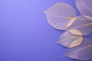 Golden skeleton leaves arranged on vibrant purple background. Elegant botanical composition, for natural-themed designs, minimalist backgrounds, luxury branding, decorative seasonal and modern visuals