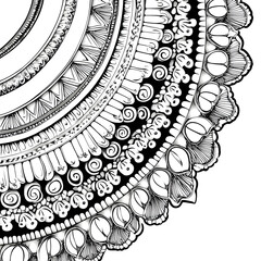 Indian half mandala art with bold lines high detail and alternating decorative bands colored vibrantly against white
