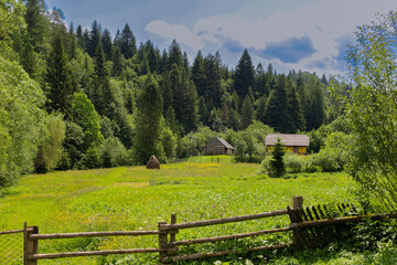 An appealing rural landscape featuring traditional houses and a haystack on a green meadow. The...