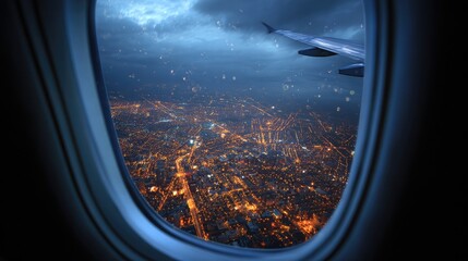 Blue hour view of city grid and lights from airplane window as night falls