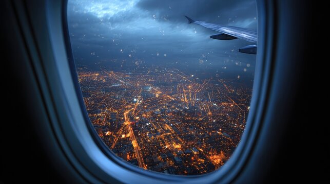 Blue hour view of city grid and lights from airplane window as night falls