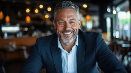 Fototapeta premium A charismatic man smiling warmly in a stylish restaurant, exuding confidence and charm, representing social interactions and dining experiences.