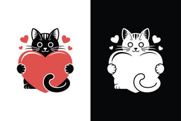 A cute cat hugging a giant heart-shaped pillow icon vector style  with white background.