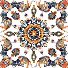 Intricate radial pattern of alternating paisley and fan motifs bold and colorful clean white background