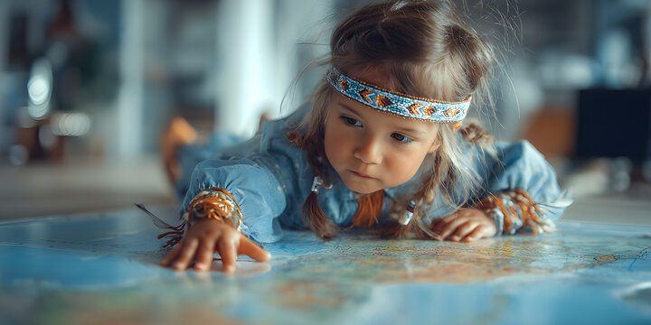 Charming little girl in Native American attire, thoughtfully navigating a giant geographical USA map on the ground