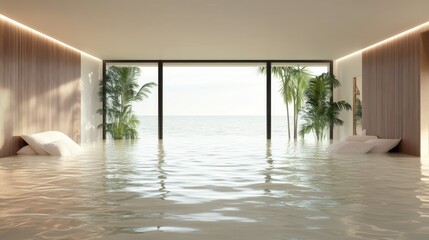 A luxurious room flooded with water, featuring large windows that frame a stunning ocean view, creating a surreal and tranquil atmosphere of relaxation and peace.