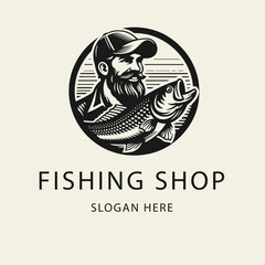 Black and white flat vector illustration of a fisherman in a cap holding a large fish. Perfect logo for a fishing shop or outdoor brand, clean silhouette design, no background.