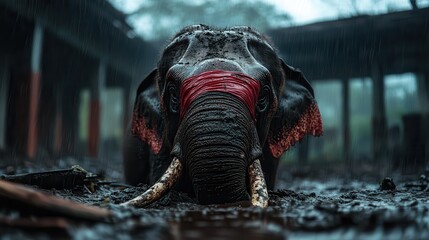 A majestic elephant, adorned with colorful markings, rests in a muddy environment, evoking feelings of both tranquility and wildness in a captivating natural scene.