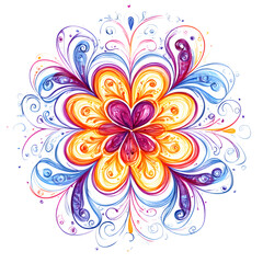 Layered flower mandala with heart shaped petals swirls and line textures hand-drawn style on white