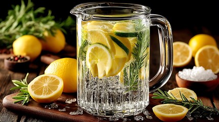 a clear glass pitcher filled with a liquid sits prominently in the center, containing slices of yellow citrus fruit and green leafy stems