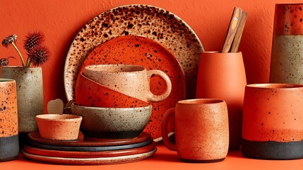 an assortment of earthenware objects in varying sizes and shapes are arranged against an orange backdrop