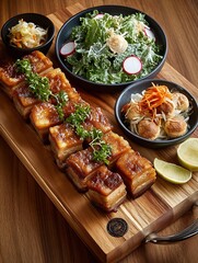 the presented image displays a wooden cutting board laden with various food items
