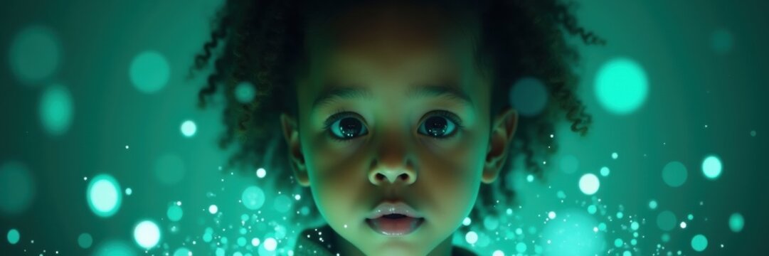 A close-up portrait of a young black child against a vibrant, glowing background filled with soft bokeh effects, conveying a sense of wonder and curiosity.