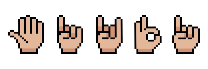 Pixel Art Hands Showing Various Gestures