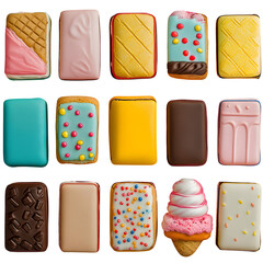 Mini wallets shaped like ice cream sandwich bites, fashion meets whimsy, repeated layout