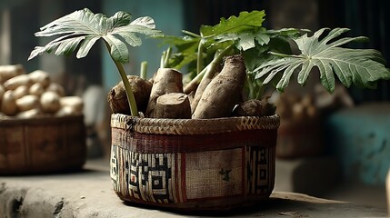a low angle view showcases a woven basket filled with harvested crops and vibrant green foliage