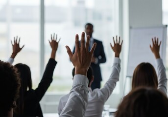 Business training seminar conference with audience raising hands for question and answer session in office space
