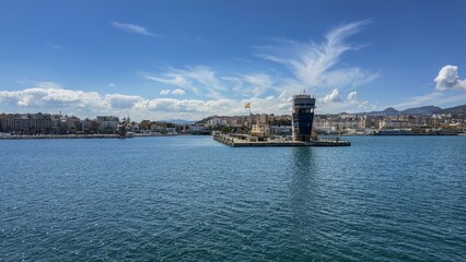 Maritime control tower and Spanish flag at the Port of Ceuta