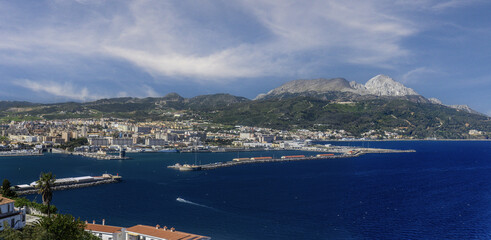Aerial vista of Ceuta's port and urban coastline in North Africa