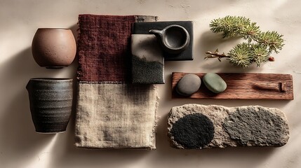 a flat lay photograph showcases a selection of objects arranged against a textured, off white surface