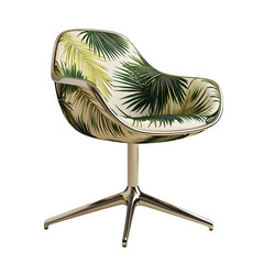 Office chair with a mesh seat made from stylized palm frond print, sleek and modern, isolated