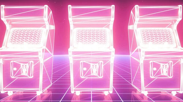 Futuristic Neon Arcade Machines in Retro Wireframe Style on Grid Background