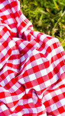 Red and white checkered picnic blanket on grass