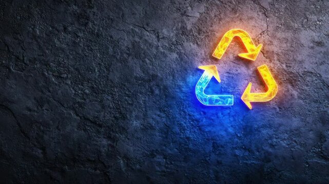 Neon recycling symbol glowing blue and yellow on a dark textured wall, representing sustainability and environmental awareness.