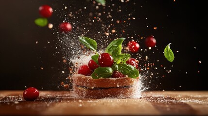 This captivating image showcases a burst of tomatoes and fresh herbs surrounded by flying droplets, capturing the dynamic energy and vibrancy of culinary art in motion.