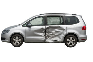 Damaged minivan showing the consequences of a car crash with transparent background
