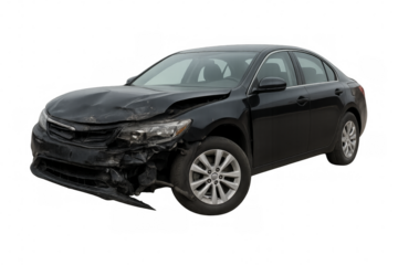 Damaged black sedan after a road accident on transparent background