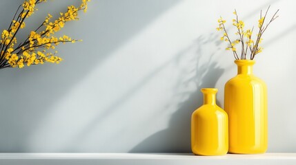 Two vibrant yellow vases filled with branches sit against a soft gray wall, creating a serene and stylish focal point for any modern decor or art setup.