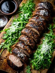 the photograph features a culinary presentation on a wooden cutting board