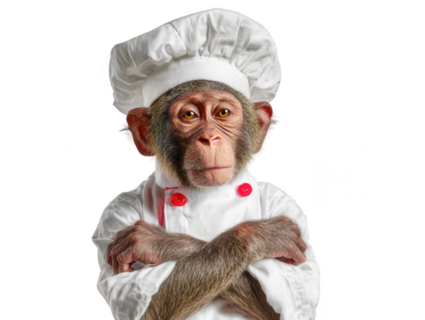 Whimsical portrait of a monkey dressed as a chef, humorously captured in a studio shot against a plain backdrop.