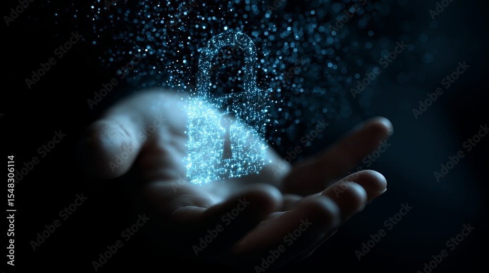 Poster digital security concept abstract blue glowing padlock particle effect hand holding secure data prot