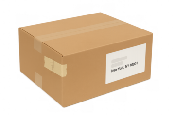 Cardboard box with shipping label showing new york address on transparent background